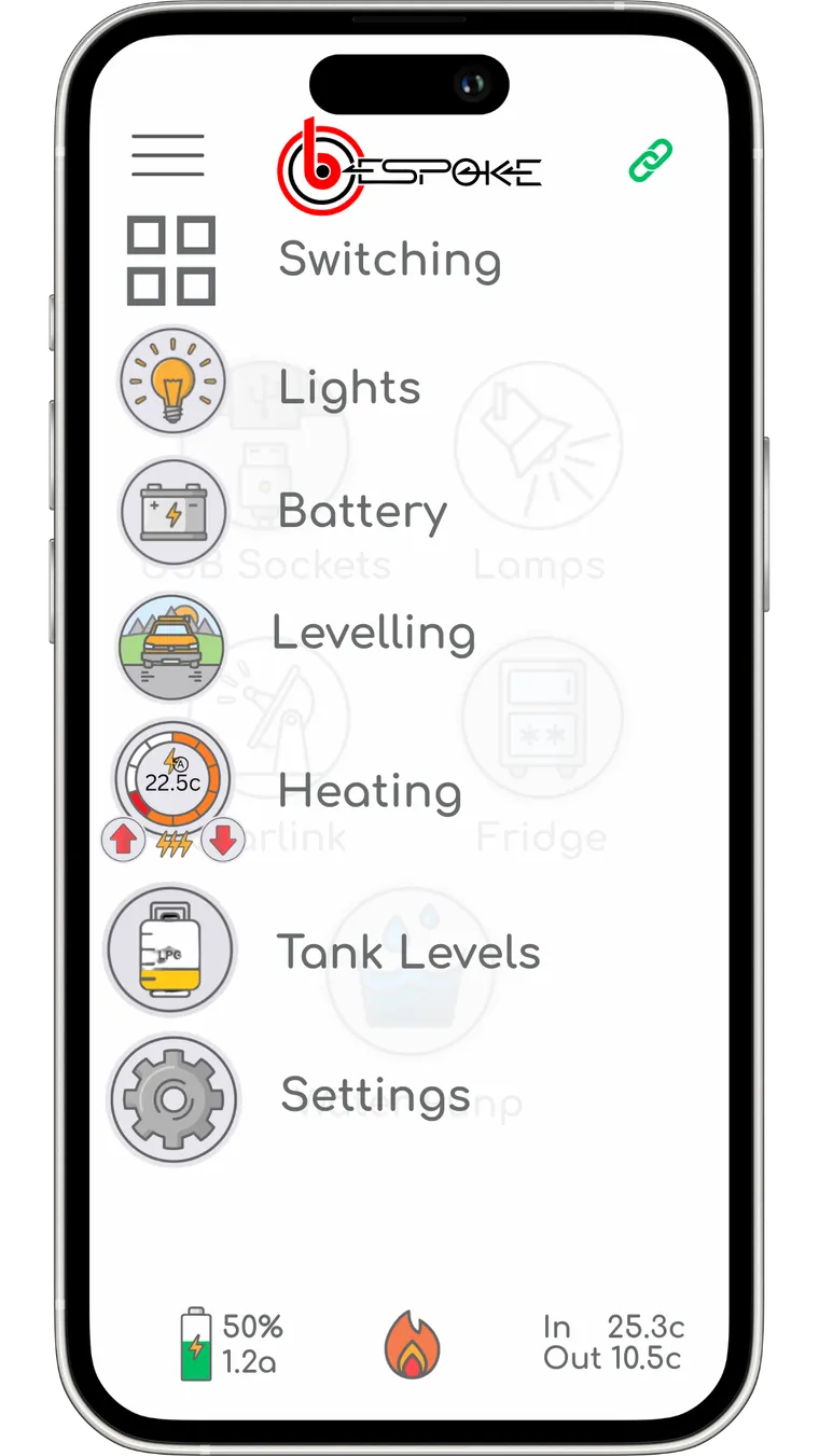 The branded app menu, with the converter logo in the top bar above entries for switching, lights, battery, levelling, heating and tank levels