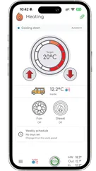 The SavvyVan app heating page for an Autoterm heater, reading Cooling down, with a target of 20°C between up and down arrows and the fan and diesel both off