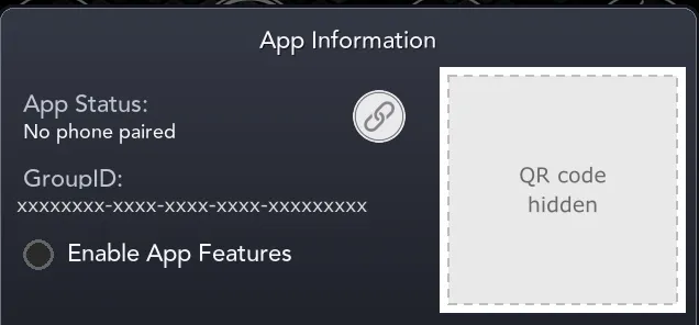 The panel’s App Information popup showing App Status 'No phone paired', a grey link icon, the GroupID masked out, an unticked Enable App Features box, and the pairing QR code hidden