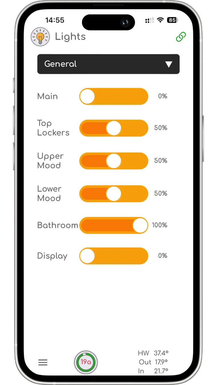 The SavvyVan app lights screen showing a zone selector and sliders for main, top lockers, upper mood, lower mood, bathroom and display lighting