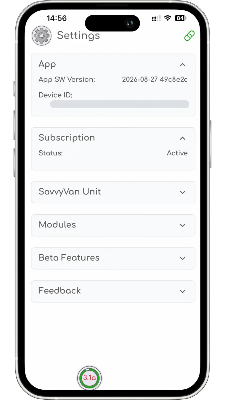 The SavvyVan app settings screen showing the app software version, the device ID covered over, subscription status Active, and collapsed sections for the SavvyVan unit, modules and feedback