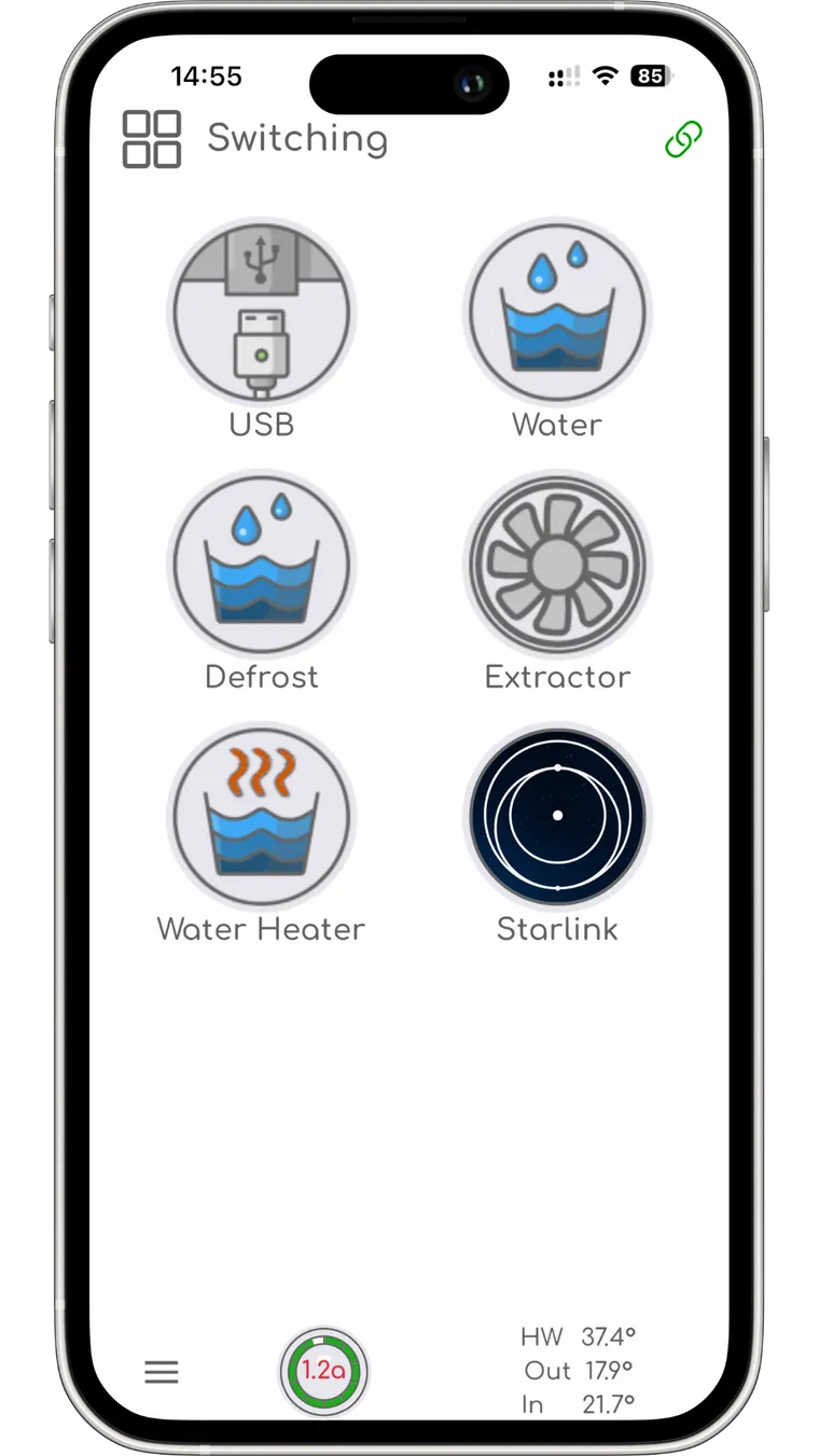 The SavvyVan app switching screen with tiles for USB, water, defrost, extractor, water heater and Starlink