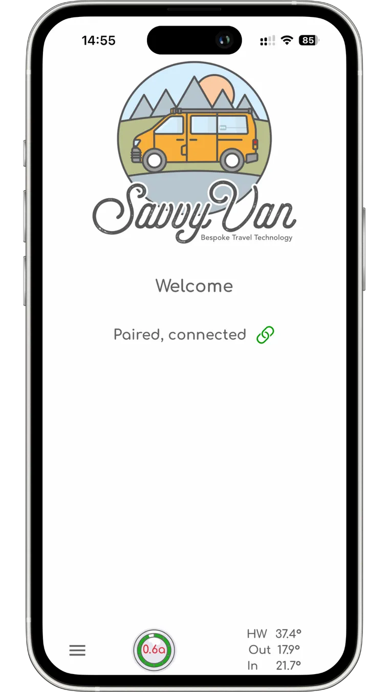 The SavvyVan app welcome screen showing the SavvyVan logo and the status paired, connected