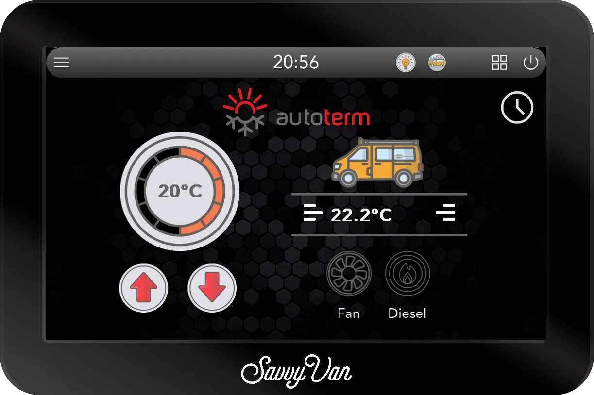 The SavvyVan3 Autoterm heating screen showing a 20°C target against 28.4°C actual, with fan and diesel indicators
