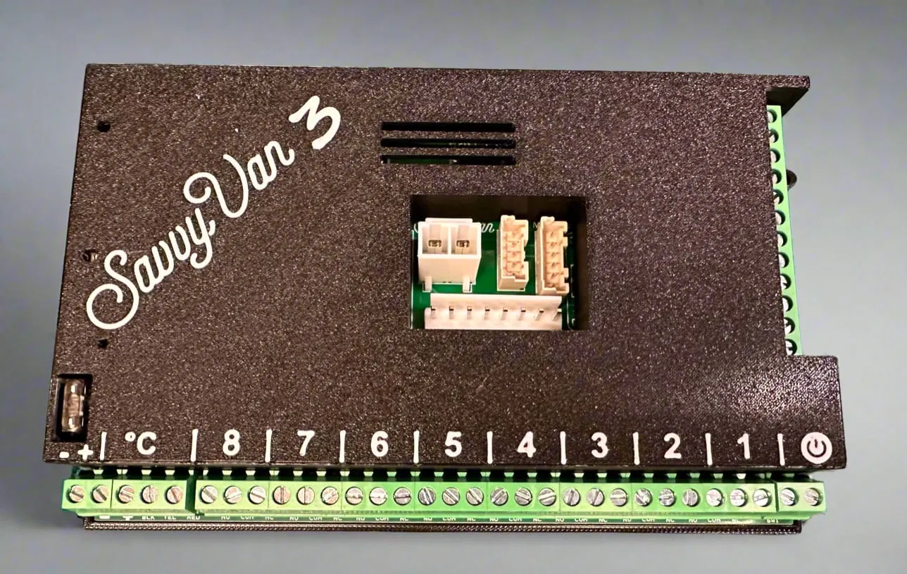 The SavvyVan3 BCA interface board, with BCA plug sockets and the numbered screw terminal strip along the front edge