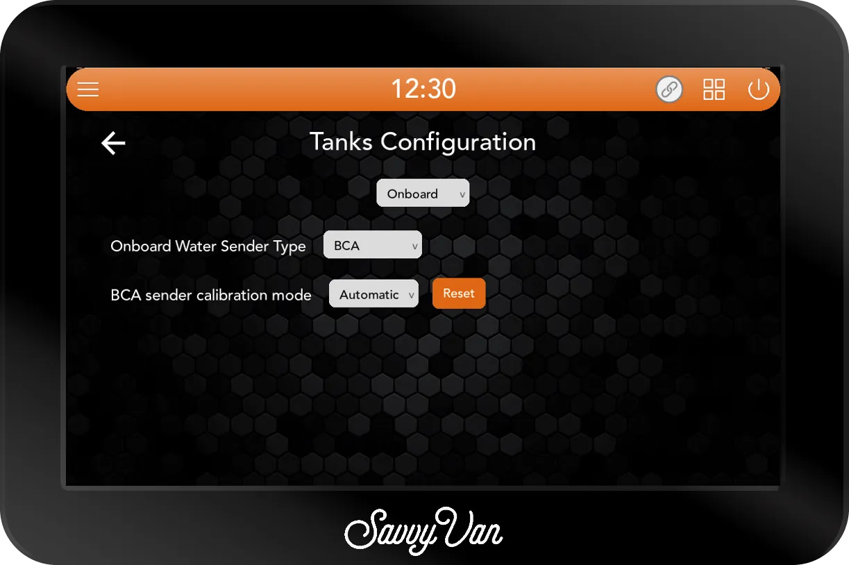 The SavvyVan3 Tanks Configuration screen set to Onboard, with Onboard Water Sender Type BCA, BCA sender calibration mode Automatic and a Reset button beside it