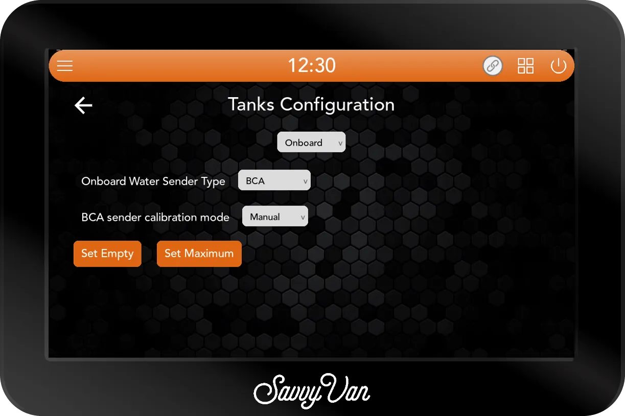 The SavvyVan3 Tanks Configuration screen set to Onboard with the BCA sender in Manual calibration mode, showing Set Empty and Set Maximum buttons