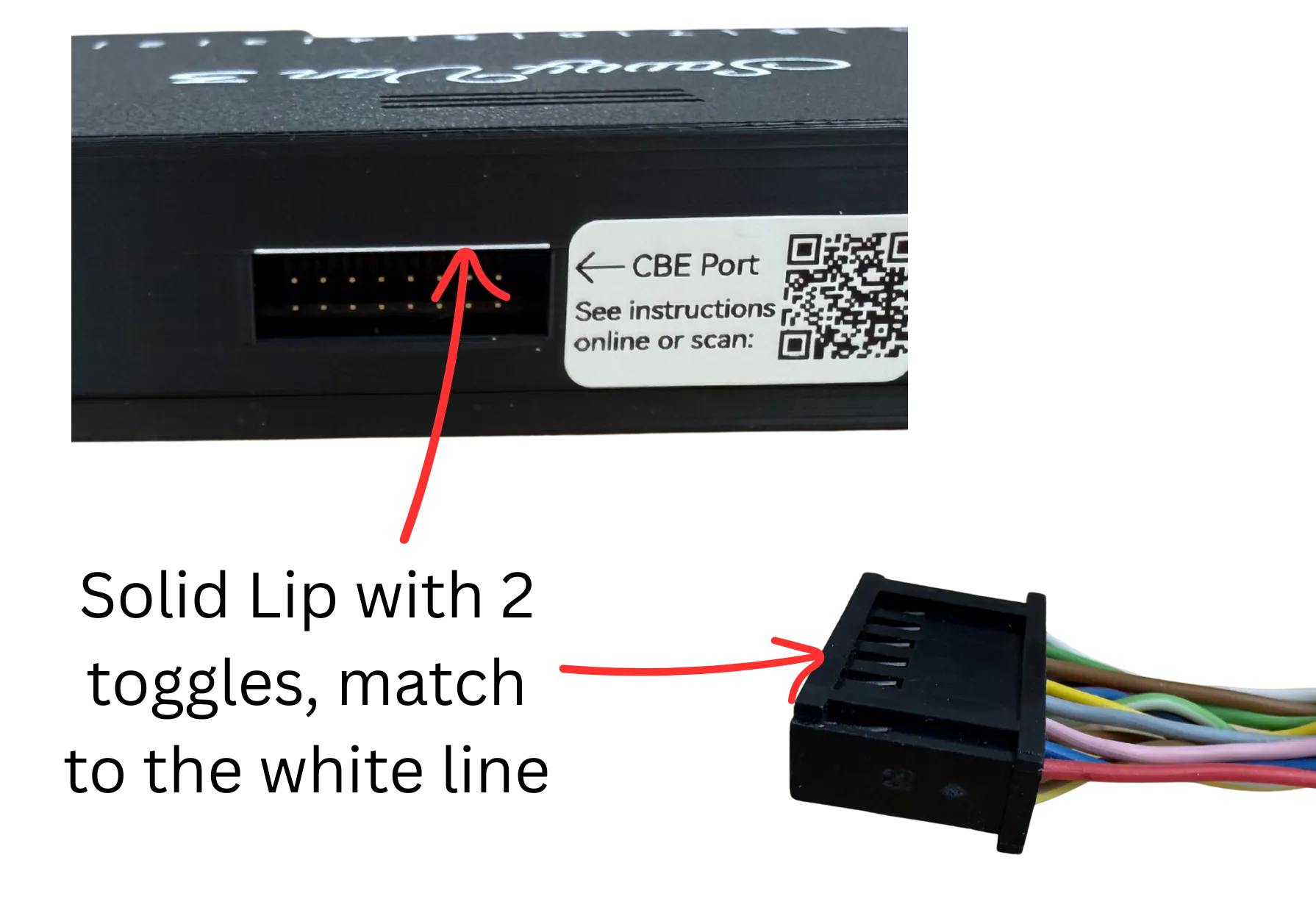 A close-up of the 16-way connector, annotated to show the solid lip with two toggles matching a white line on the board