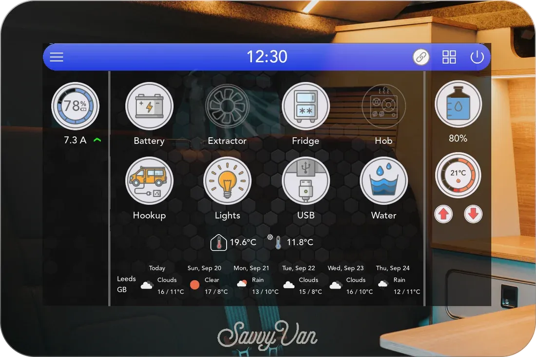 The mirrored screen switched on with the blue theme: the home screen's top bar and tiles showing through the mirror