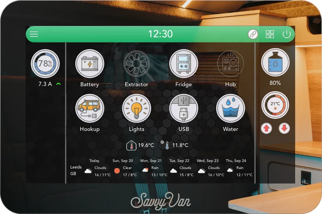 The mirrored screen switched on with the green theme: the home screen's top bar and tiles showing through the mirror
