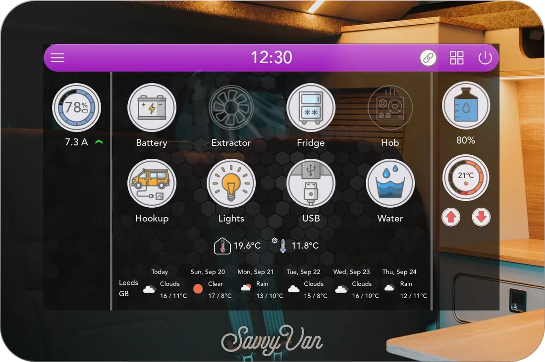 The mirrored screen switched on with the purple theme: the home screen's top bar and tiles showing through the mirror