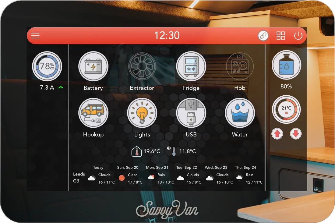 The mirrored screen switched on with the red theme: the home screen's top bar and tiles showing through the mirror