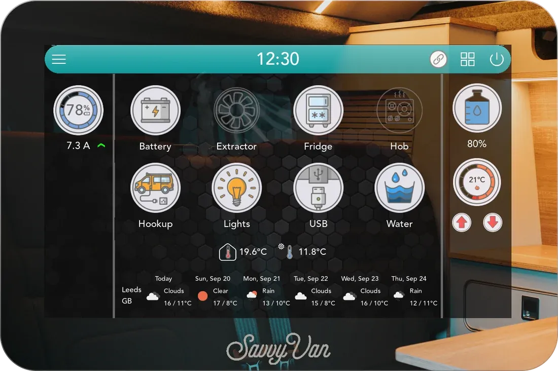 The mirrored screen switched on with the teal theme: the home screen's top bar and tiles showing through the mirror