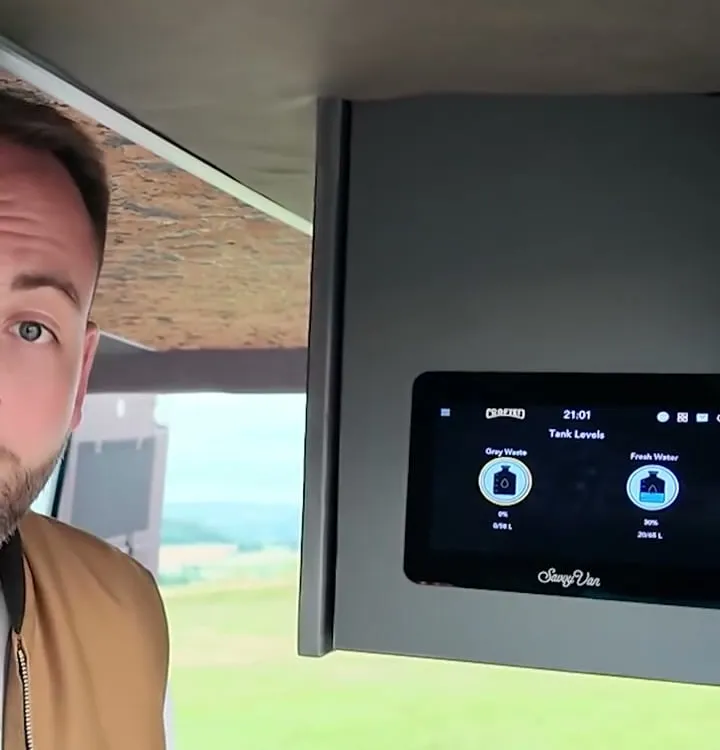 A SavvyVan panel showing tank levels, mounted in Dan’s Crafted Camper Co build