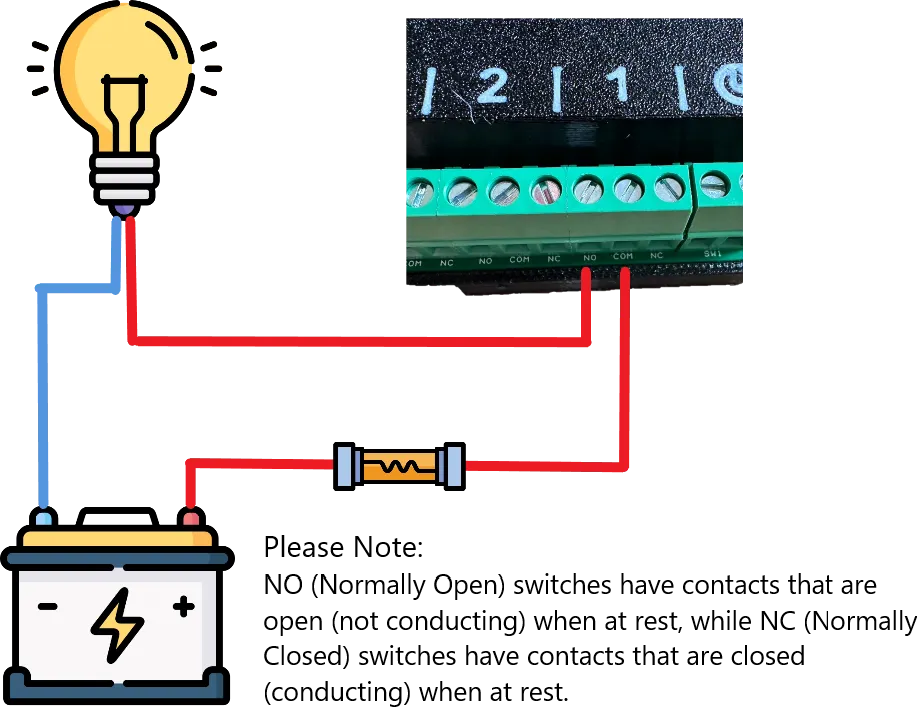 A wiring diagram showing a battery, an in-line fuse, the COM terminal on a SavvyVan switch, and a light connected to the NO terminal
