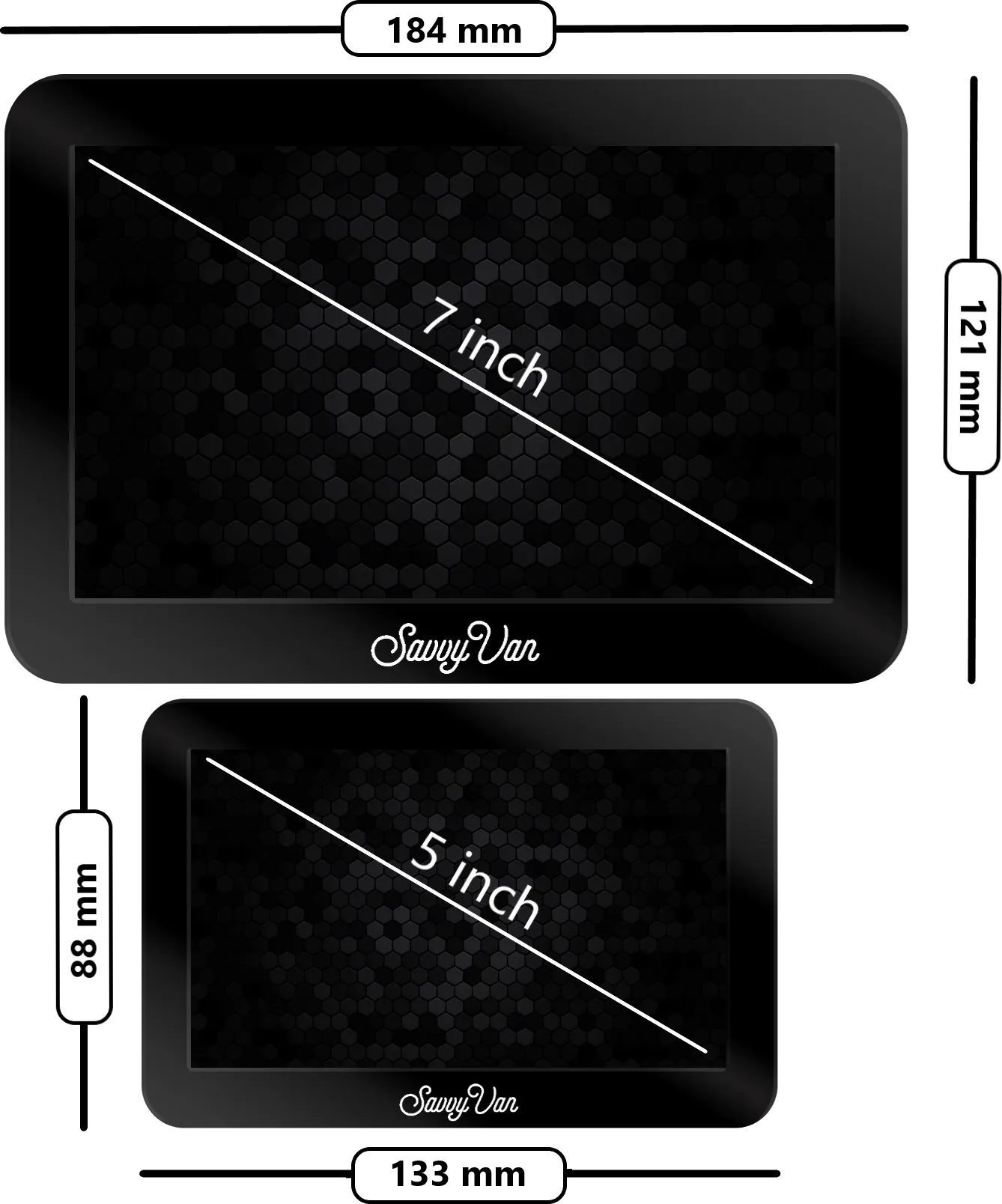 Dimensioned drawings of the 5 inch and 7 inch SavvyVan3 touch screens, showing overall size and cut-out measurements