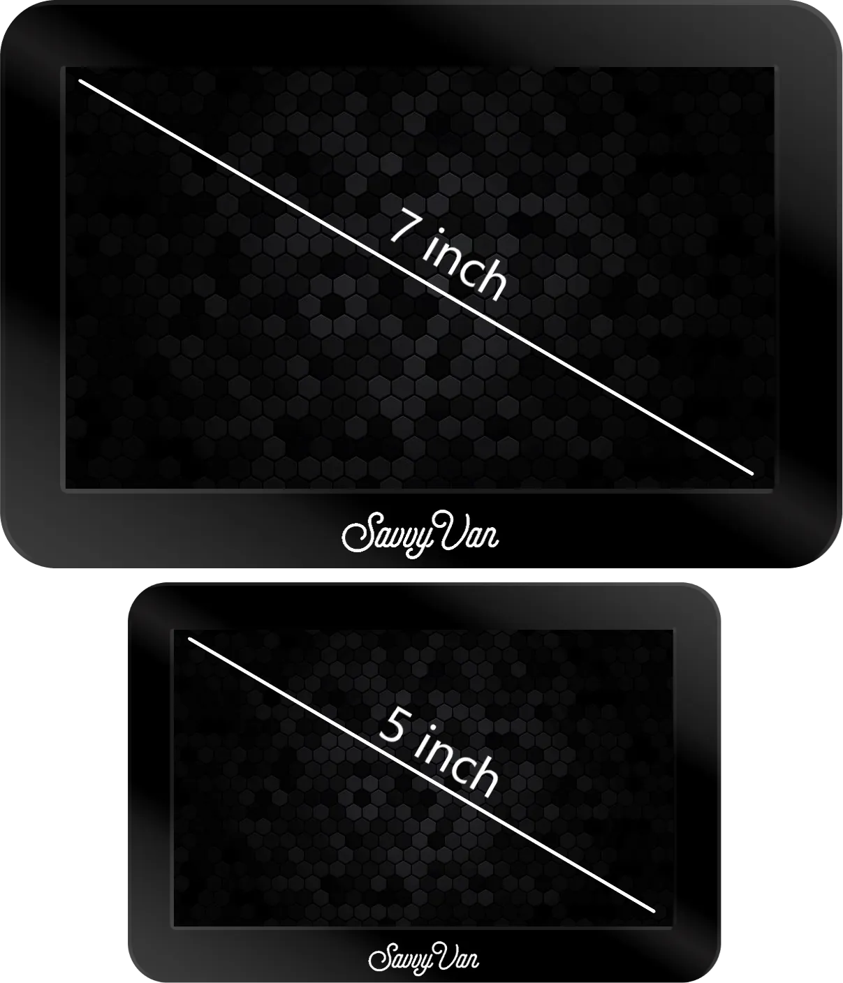 The 5 inch and 7 inch SavvyVan3 touch screens shown side by side with their overall dimensions
