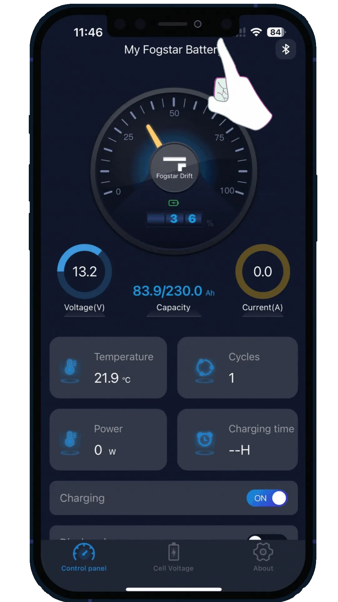 The Fogstar phone app showing a battery named My Fogstar Battery, with voltage, capacity and current
