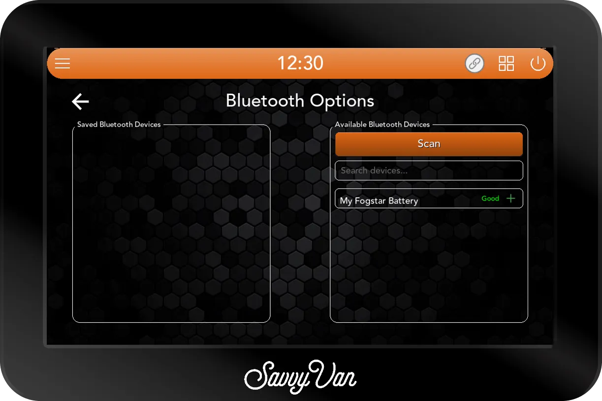 The SavvyVan3 device pairing screen with My Fogstar Battery listed under available devices on the right, marked Good, with a + beside it, and the saved devices list on the left still empty