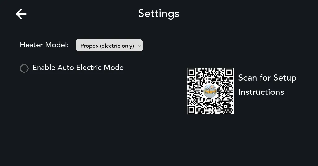 The Heater Settings page with the Heater Model dropdown showing Propex (electric only) selected and the Enable Auto Electric Mode option below it