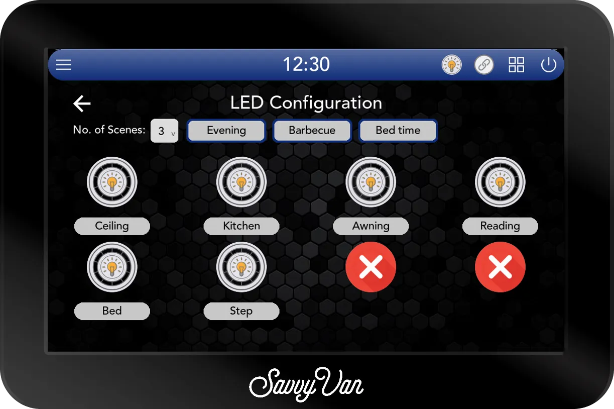 The SavvyVan3 LED Configuration screen: No. of Scenes set to 3, with scenes named Evening, Barbecue and Bed time, six channels named Ceiling, Kitchen, Awning, Reading, Bed and Step, and the last two channels shown as red crosses