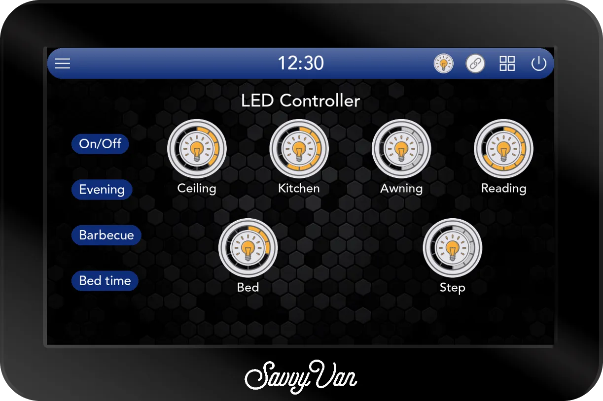 The SavvyVan3 LED Controller screen: six dimmable lights - Ceiling, Kitchen, Awning, Reading, Bed and Step - each with its brightness on a ring, and On/Off, Evening, Barbecue and Bed time scenes down the left
