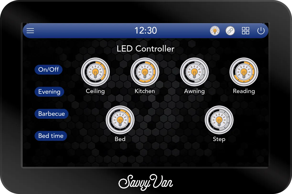The SavvyVan3 LED Controller page with On/Off, Evening, Barbecue and Bed time buttons down the left, and six named circuits: Ceiling, Kitchen, Reading and Bed lit at different levels, Awning and Step off