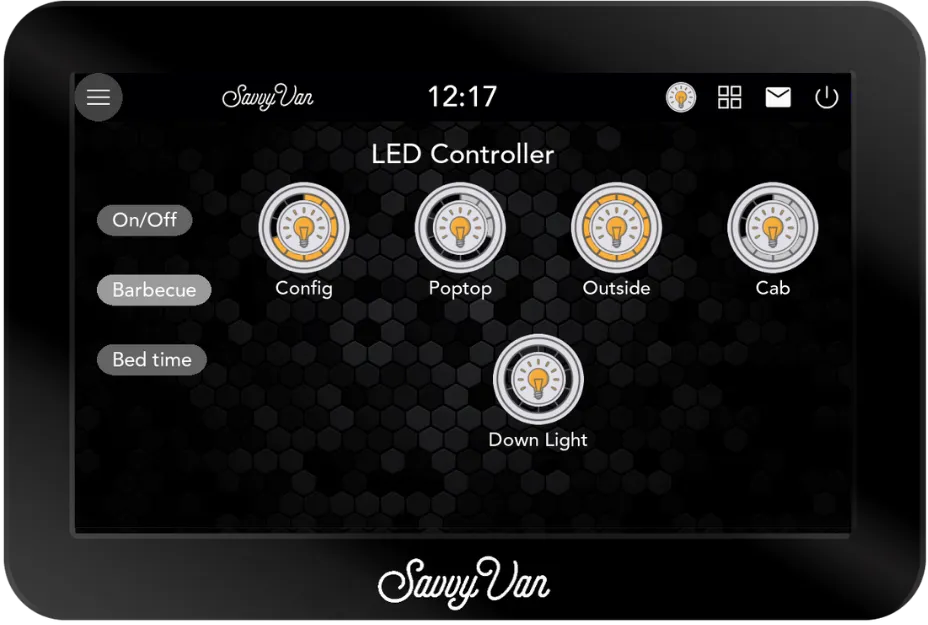 The SavvyVan3 LED controller screen: five named circuits - Config, Poptop, Outside, Cab and Down Light - with On/Off, Barbecue and Bed time scenes down the left