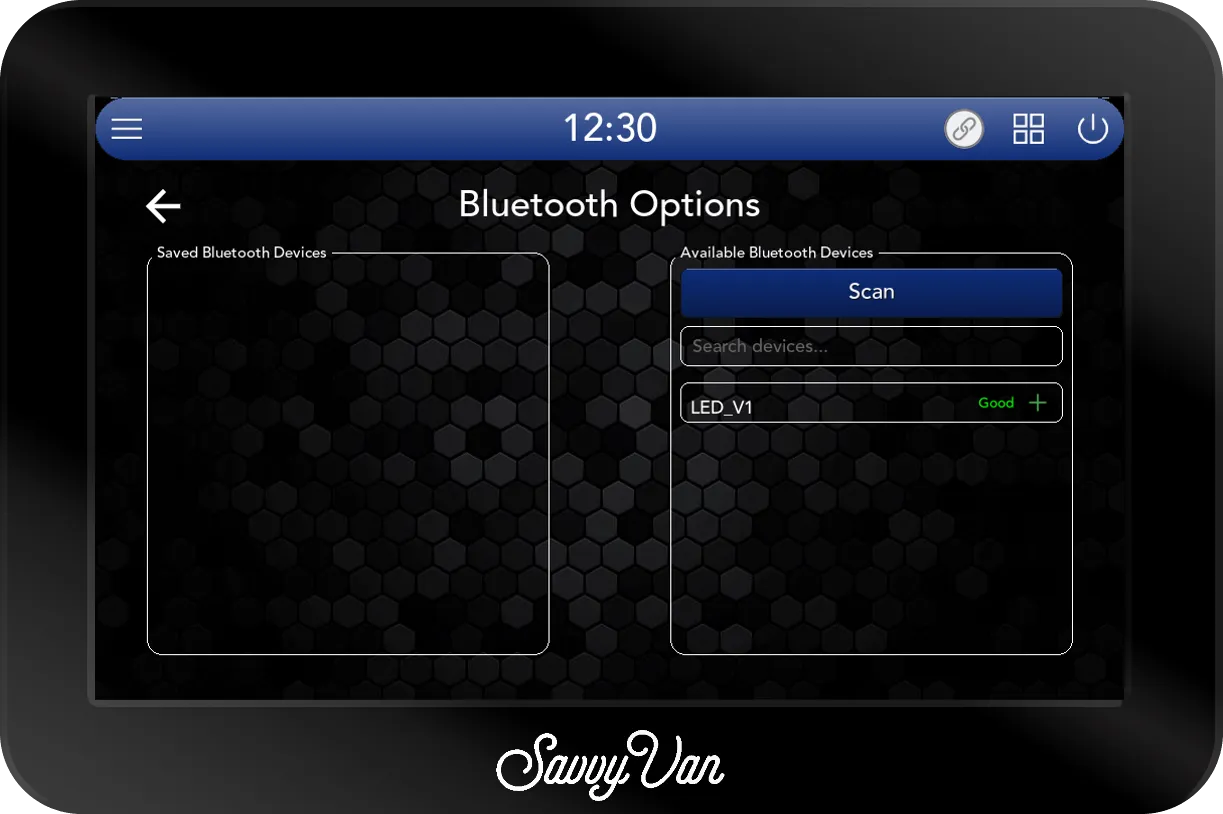 The SavvyVan3 device pairing screen with nothing saved yet on the left, and LED_V1 listed under available devices on the right with a Good signal and a green plus, below the Scan button and a search box