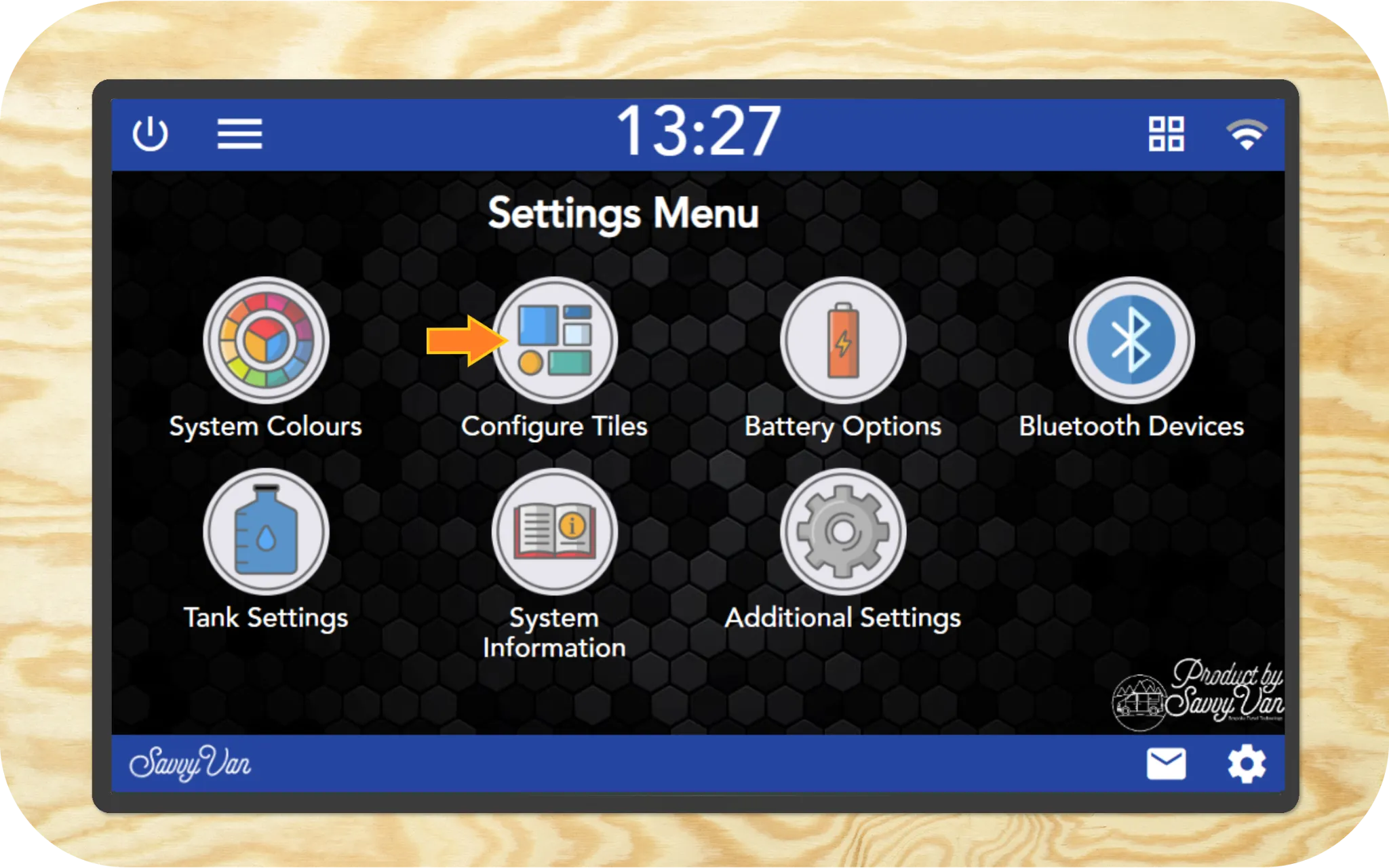 The SavvyVan Lite tile configuration screen showing the configurable tiles and the icon list