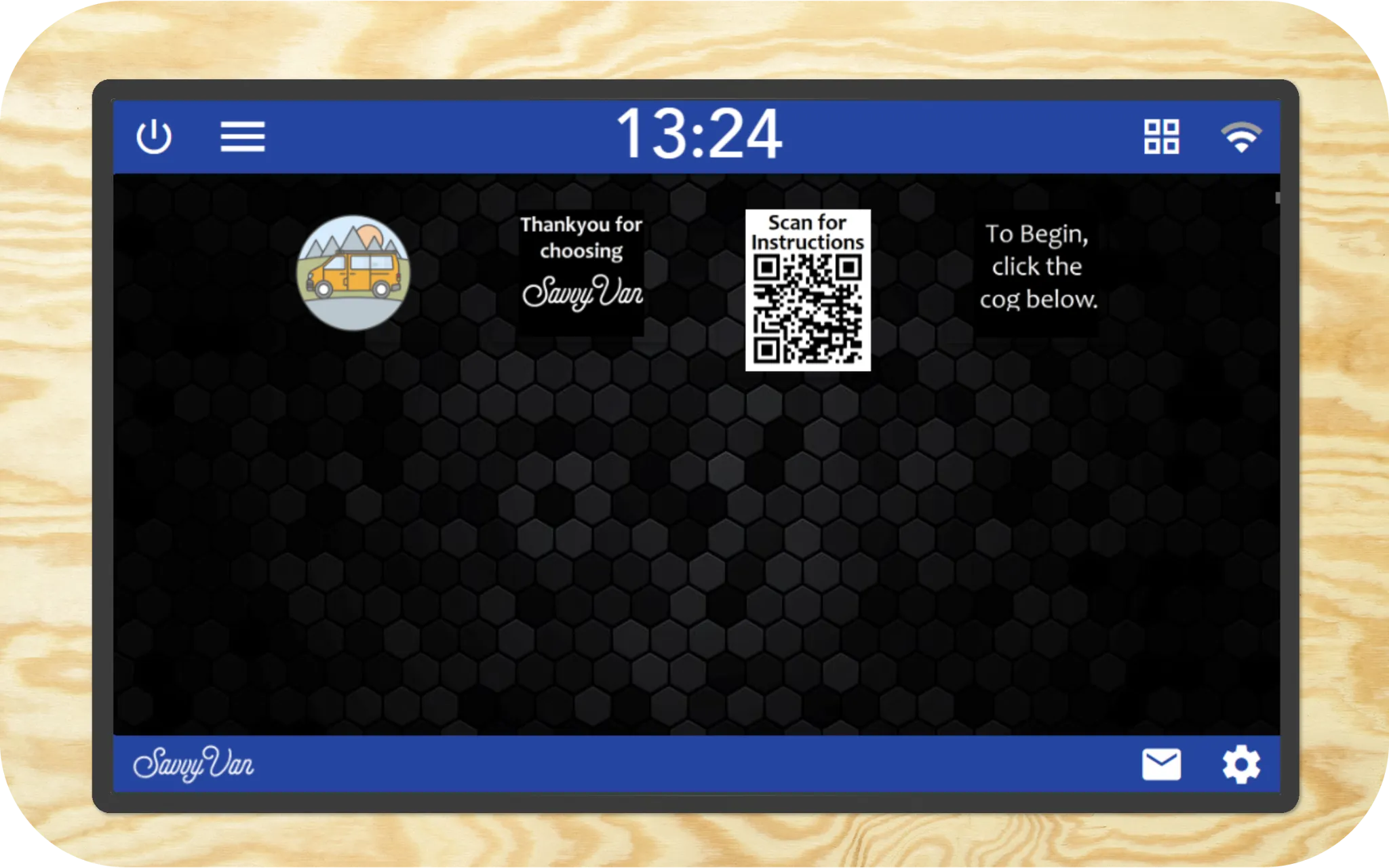 The SavvyVan Lite welcome screen shown on the panel at first startup