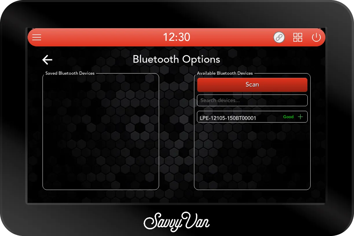 The SavvyVan3 device pairing screen with a battery named LPE-12105-150BT00001 listed under available devices on the right, marked Good, with a + beside it