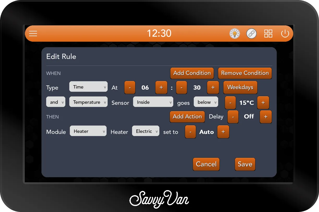 The SavvyVan3 Edit Rule card: WHEN Type Time, At 06:30, Weekdays, and Type Temperature, Sensor Inside goes below 15°C. THEN Module Heater, Heater Electric set to Auto.