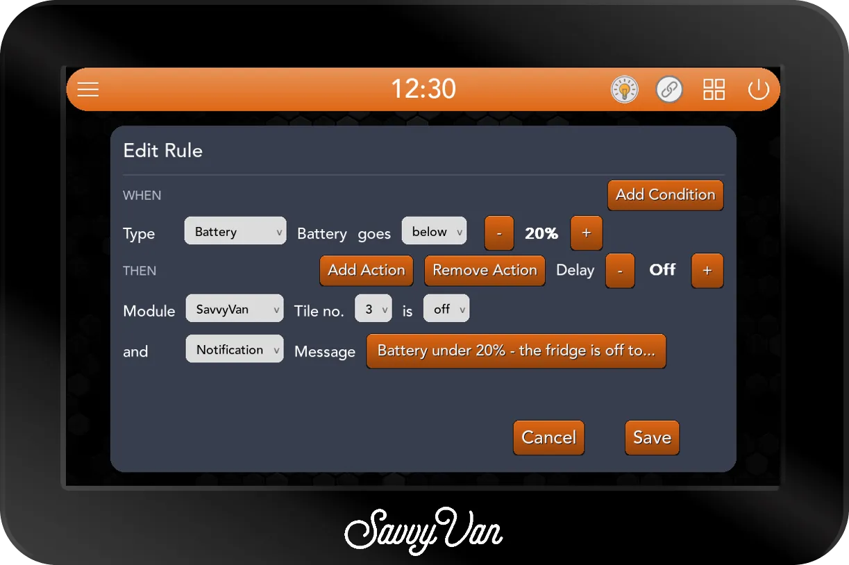 The SavvyVan3 Edit Rule card: WHEN Type Battery, Battery goes below 20%. THEN Module SavvyVan, Tile no. 3 is off, and Module Notification, Message Battery under 20% - the fridge is off to...