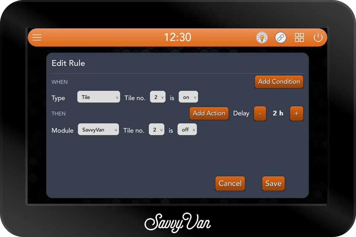 The SavvyVan3 Edit Rule card: WHEN Type Tile, Tile no. 2 is on. THEN Delay 2 h, Module SavvyVan, Tile no. 2 is off.