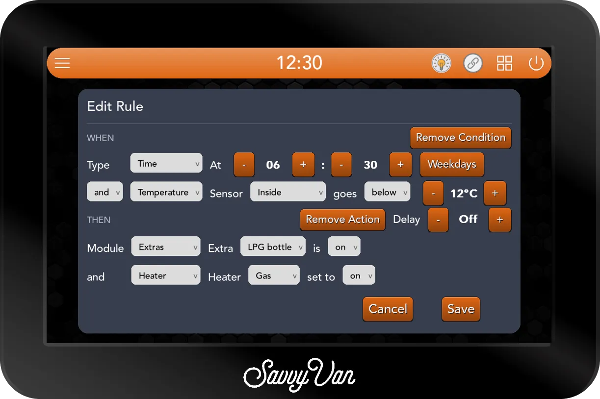 The SavvyVan3 Edit Rule card: WHEN Type Time, At 06:30, Weekdays, and Type Temperature, Sensor Inside goes below 12°C. THEN Module Extras, Extra LPG bottle is on, and Module Heater, Heater Gas set to on.
