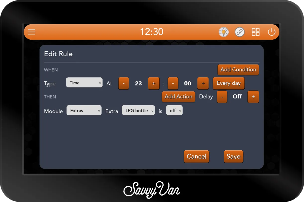 The SavvyVan3 Edit Rule card: WHEN Type Time, At 23:00, Every day. THEN Module Extras, Extra LPG bottle is off.