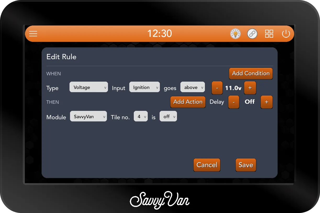The SavvyVan3 Edit Rule card: WHEN Type Voltage, Input Ignition goes above 11.0V. THEN Module SavvyVan, Tile no. 4 is off.