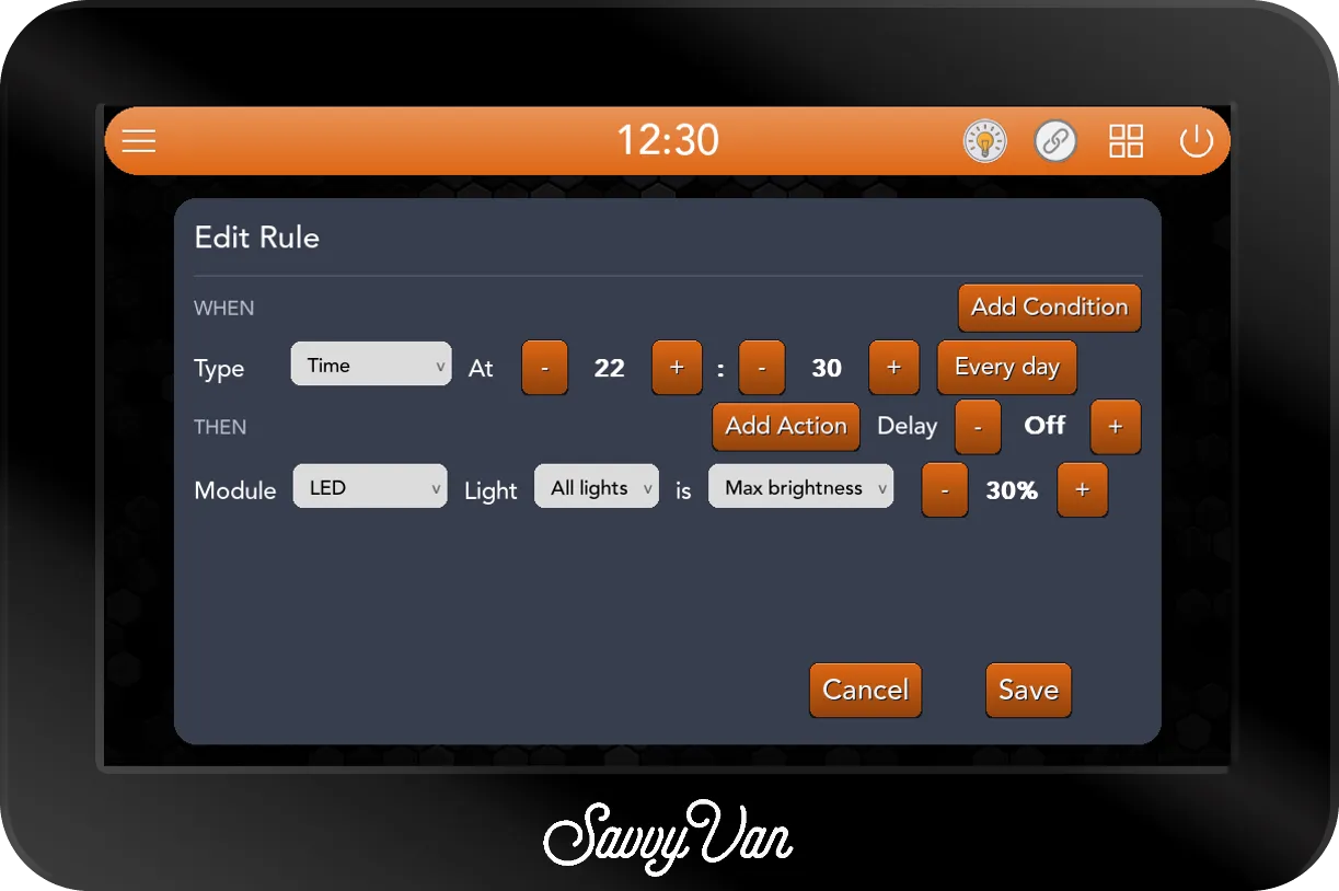 The SavvyVan3 Edit Rule card: WHEN Type Time, At 22:30, Every day. THEN Module LED, Light All lights is Max brightness, 30%.