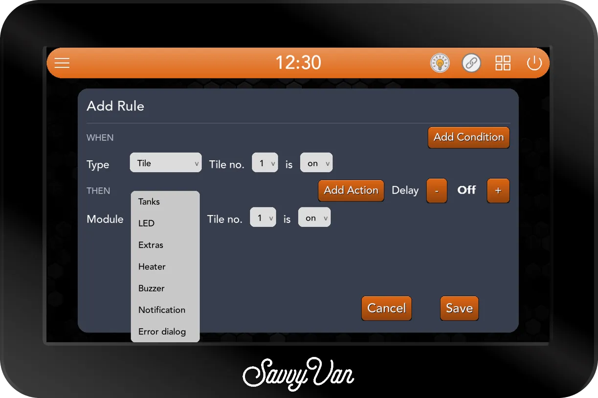 The Add Rule card with the Module dropdown open, listing Tanks, LED, Extras, Heater, Buzzer, Notification and Error dialog below the current choice, SavvyVan