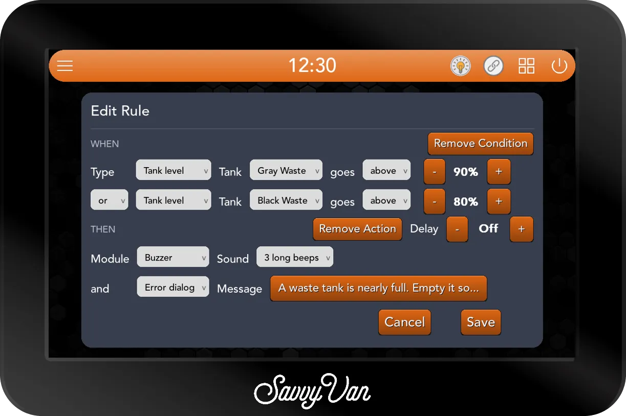 The SavvyVan3 Edit Rule card: WHEN Type Tank level, Tank Gray Waste goes above 90%, or Type Tank level, Tank Black Waste goes above 80%. THEN Module Buzzer, Sound 3 long beeps, and Module Error dialog, Message A waste tank is nearly full. Empty it so...