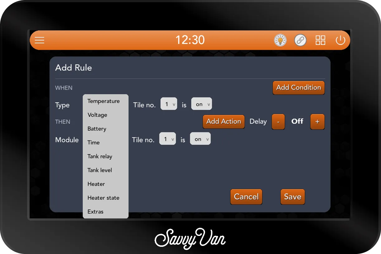 The Add Rule card with the Type dropdown open, listing Temperature, Voltage, Battery, Time, Tank relay, Tank level, Heater, Heater state and Extras below the current choice, Tile
