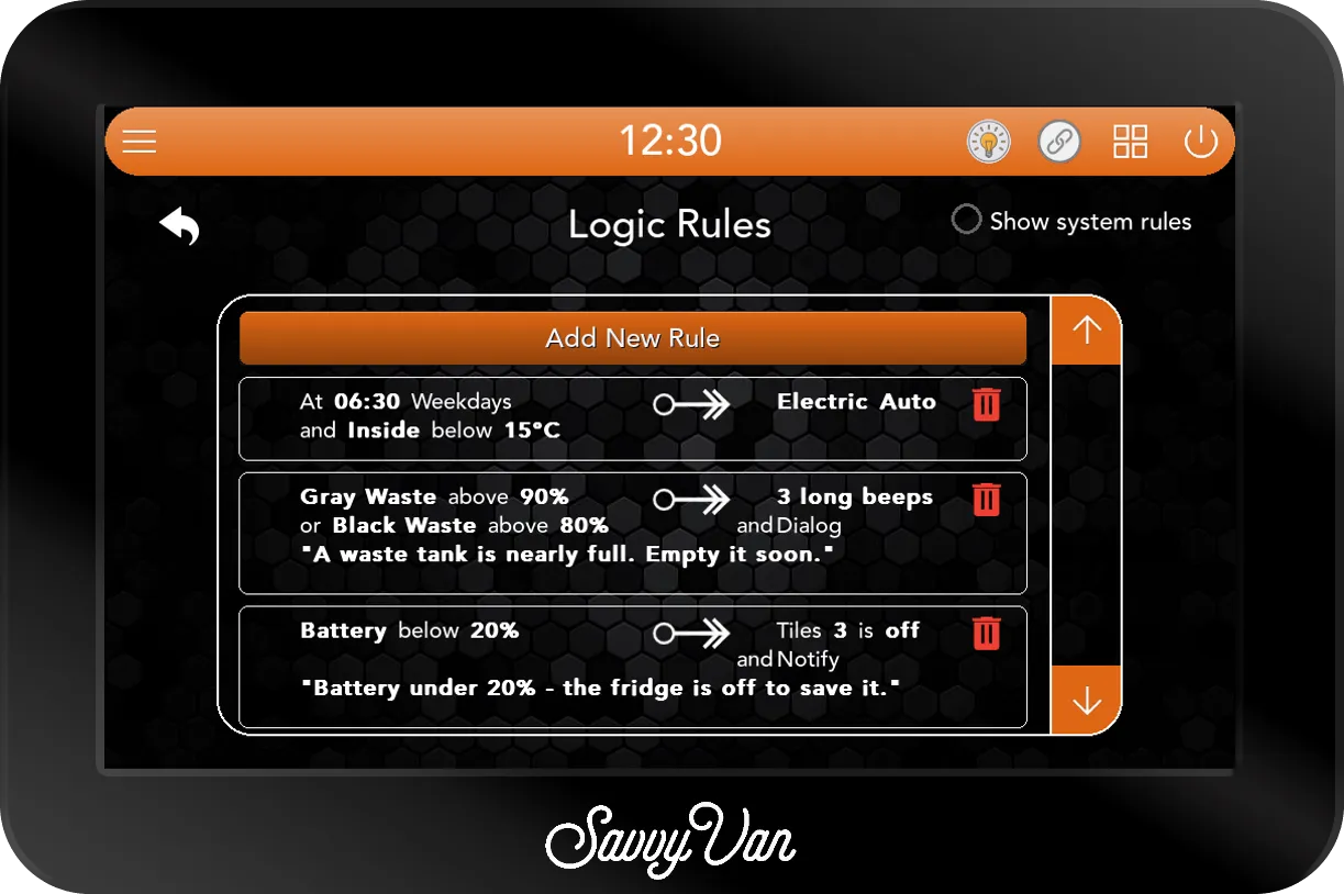 The SavvyVan3 Logic Rules page: Add New Rule at the top, then three rules. At 06:30 Weekdays and Inside below 15°C, then Electric Auto. Gray Waste above 90% or Black Waste above 80%, then 3 long beeps and Dialog, with the message A waste tank is nearly full. Empty it soon. Battery below 20%, then Tiles 3 is off and Notify, with the message Battery under 20% - the fridge is off to save it.
