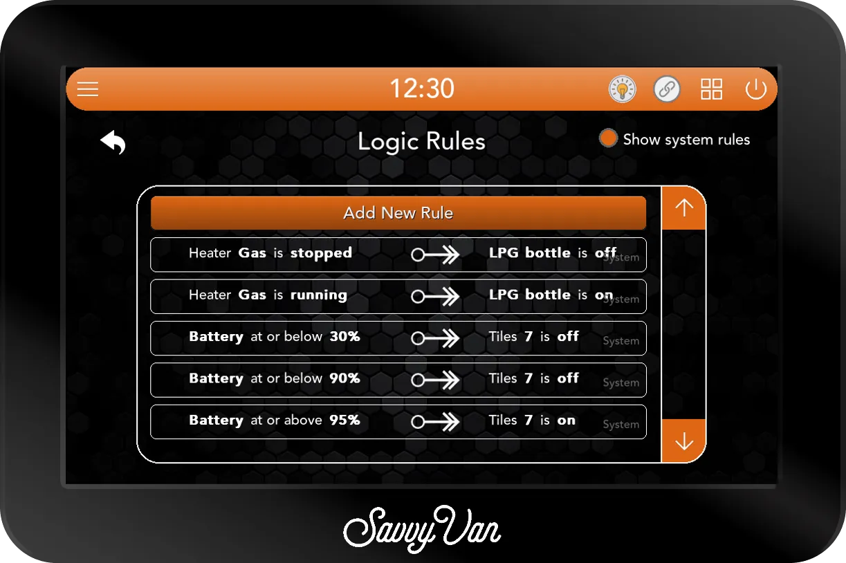 The SavvyVan3 Logic Rules page with Show system rules ticked: Heater Gas is stopped, then LPG bottle is off; Heater Gas is running, then LPG bottle is on; Battery at or below 30%, then Tiles 7 is off; Battery at or below 90%, then Tiles 7 is off; Battery at or above 95%, then Tiles 7 is on - each tagged System