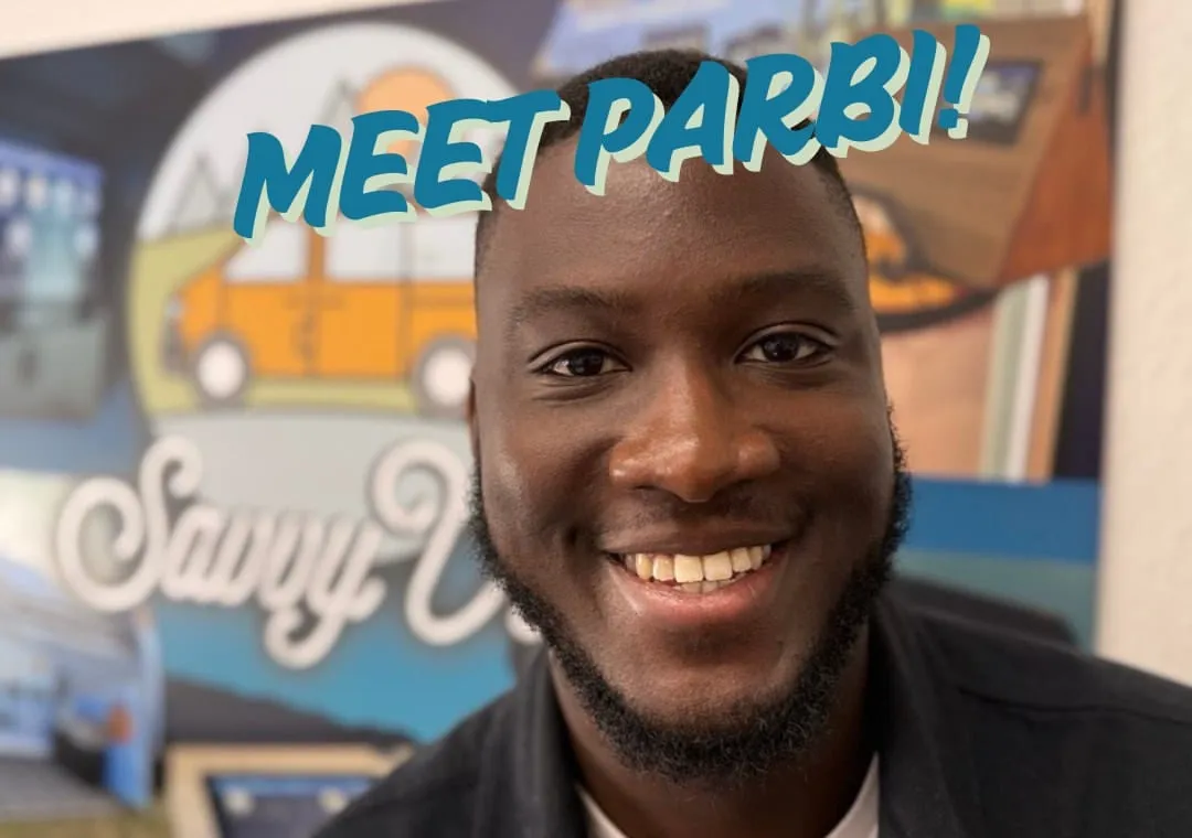 Parbi smiling, under the words Meet Parbi