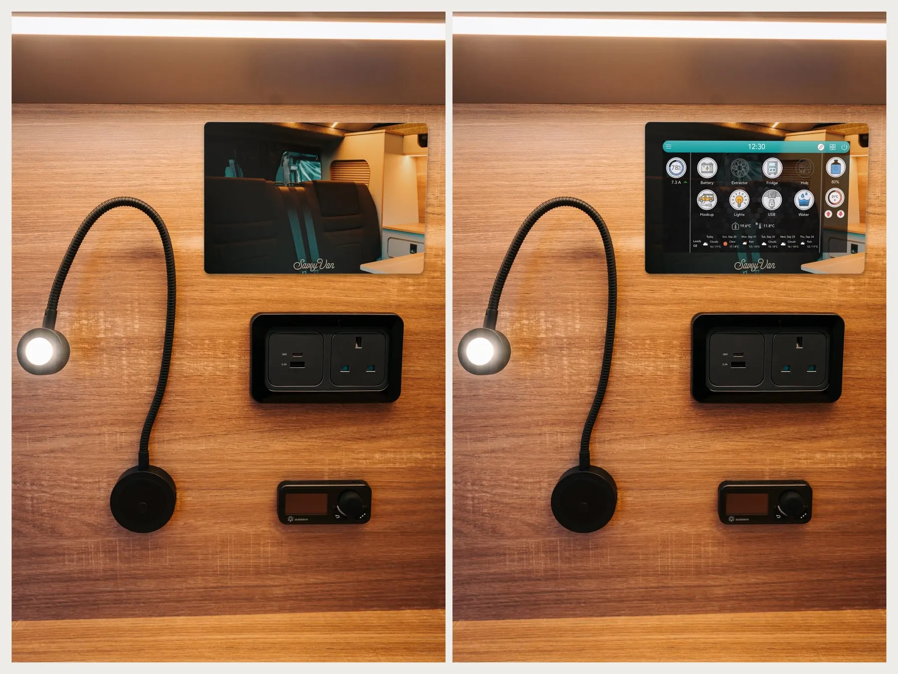 The mirrored SavvyVan3 screen on a wood-panelled van wall above a socket and a heater controller, shown twice: switched off it is a mirror reflecting the seats and kitchen, and switched on the panel's home screen shows through it