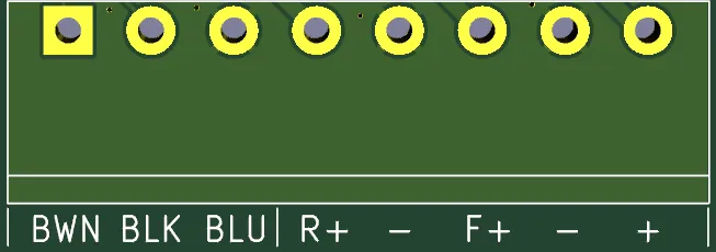 A drawing of the eight screw terminals on the SavvyVan Motor Driver, in a row, labelled BWN, BLK, BLU, R+, minus, F+, minus and plus