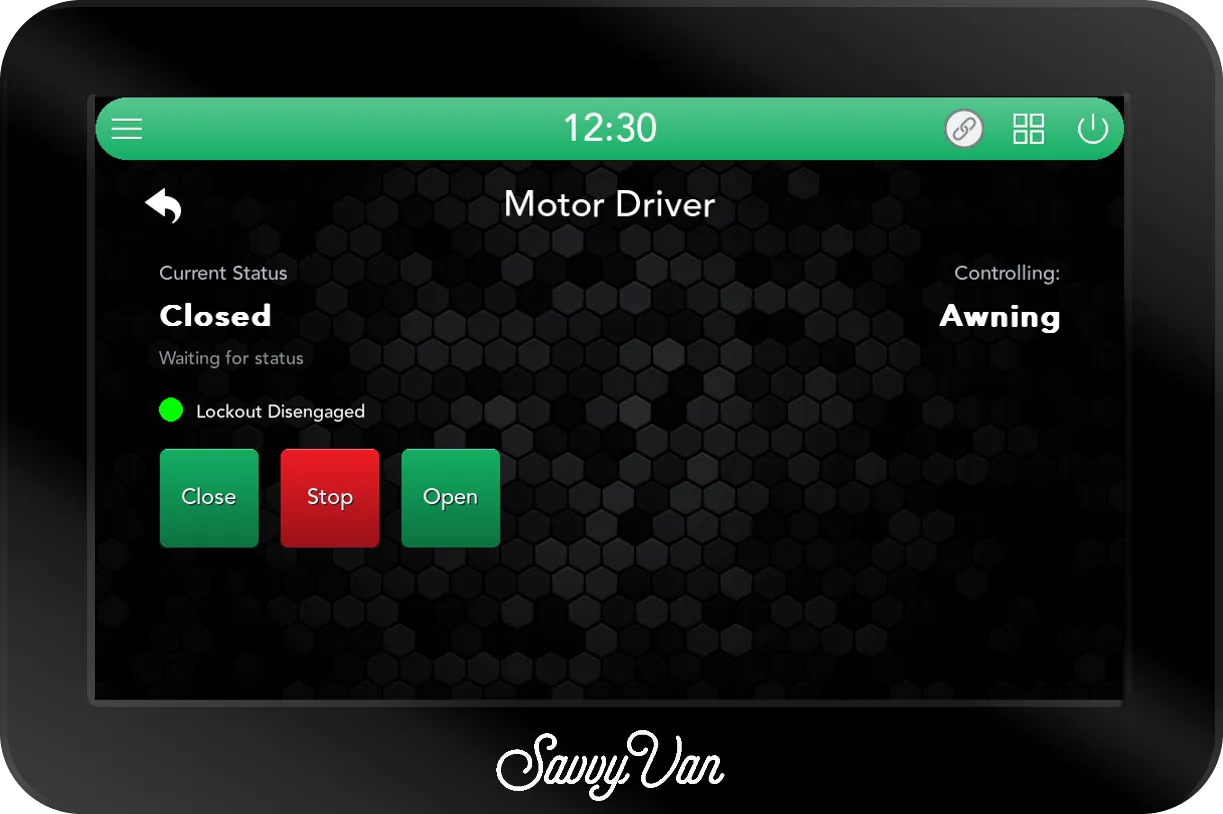 The SavvyVan3 Motor Driver page: Current Status Closed, a green dot with Lockout Disengaged, Close, a red Stop and Open buttons, and Controlling: Awning