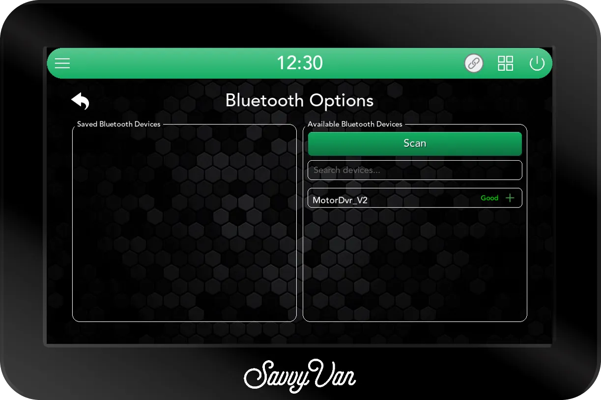 The SavvyVan3 pairing page: an empty list of saved devices on the left, and on the right a Scan button, a search box and MotorDvr_V2 found, with Good signal and a plus to add it