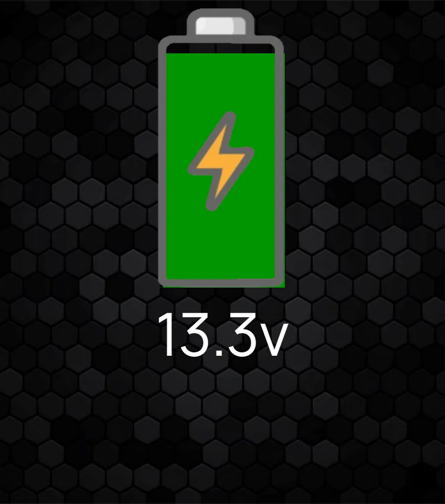 The SavvyVan3 sidebar with no battery source paired: a green battery icon filled to the level of the reading, and 13.3v underneath